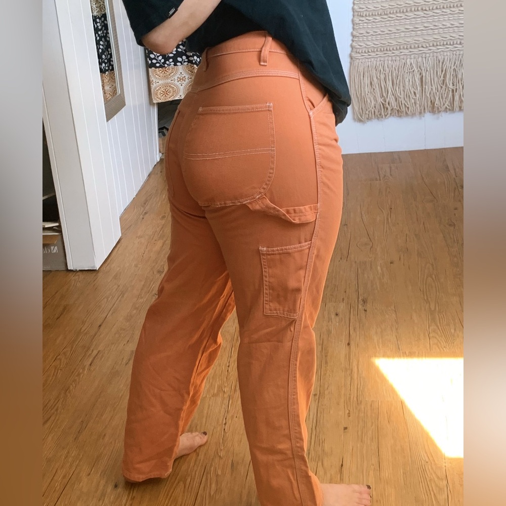Dickies Orange Peachy Cargo Pants Wide Leg Utility Style White Stitching Size 7